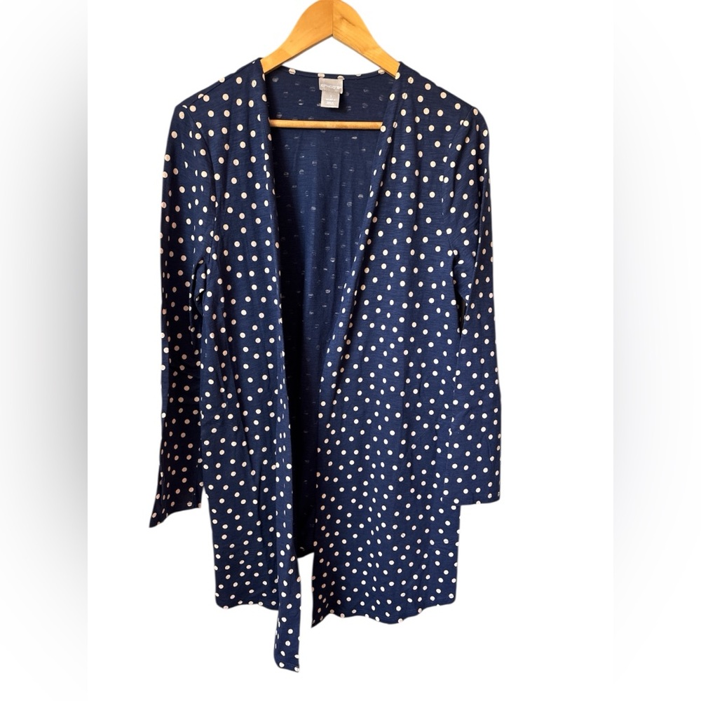 Chico's Women Size 1 med Open Front Long Cardigan Sweater Polka Dot Career Navy